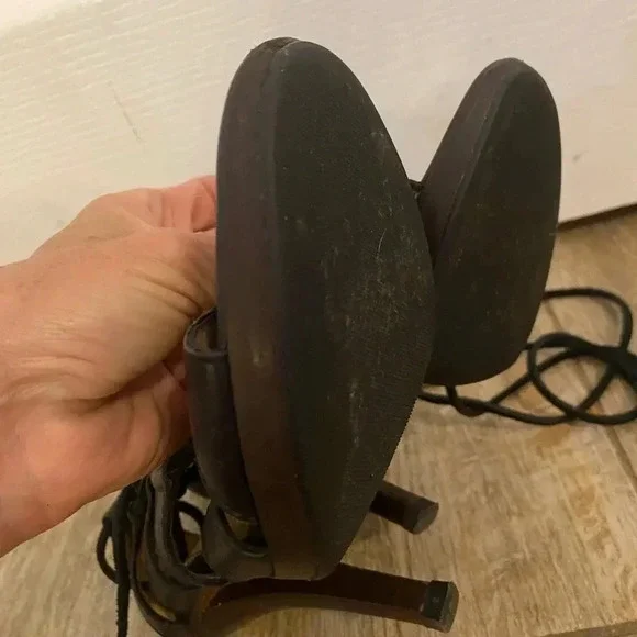 Yves Saint Laurent Black Leather Moorland Lace Up Gladiator Heels - Picture 11 of 14